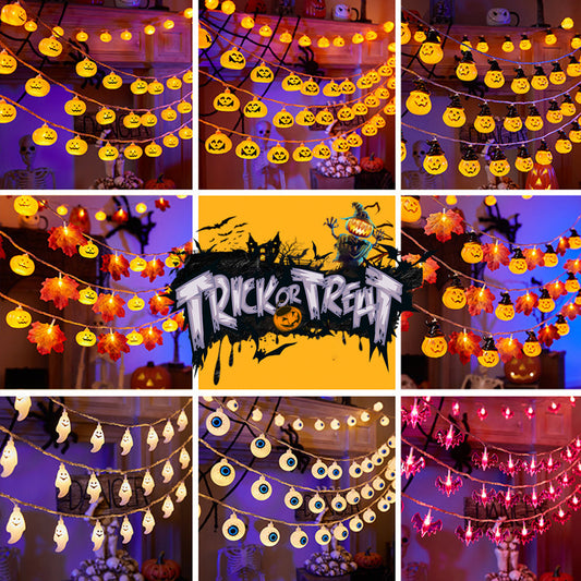 Halloween ljusslinga – Pumpa, spöke, fladdermus, öga & lönnlöv-designs