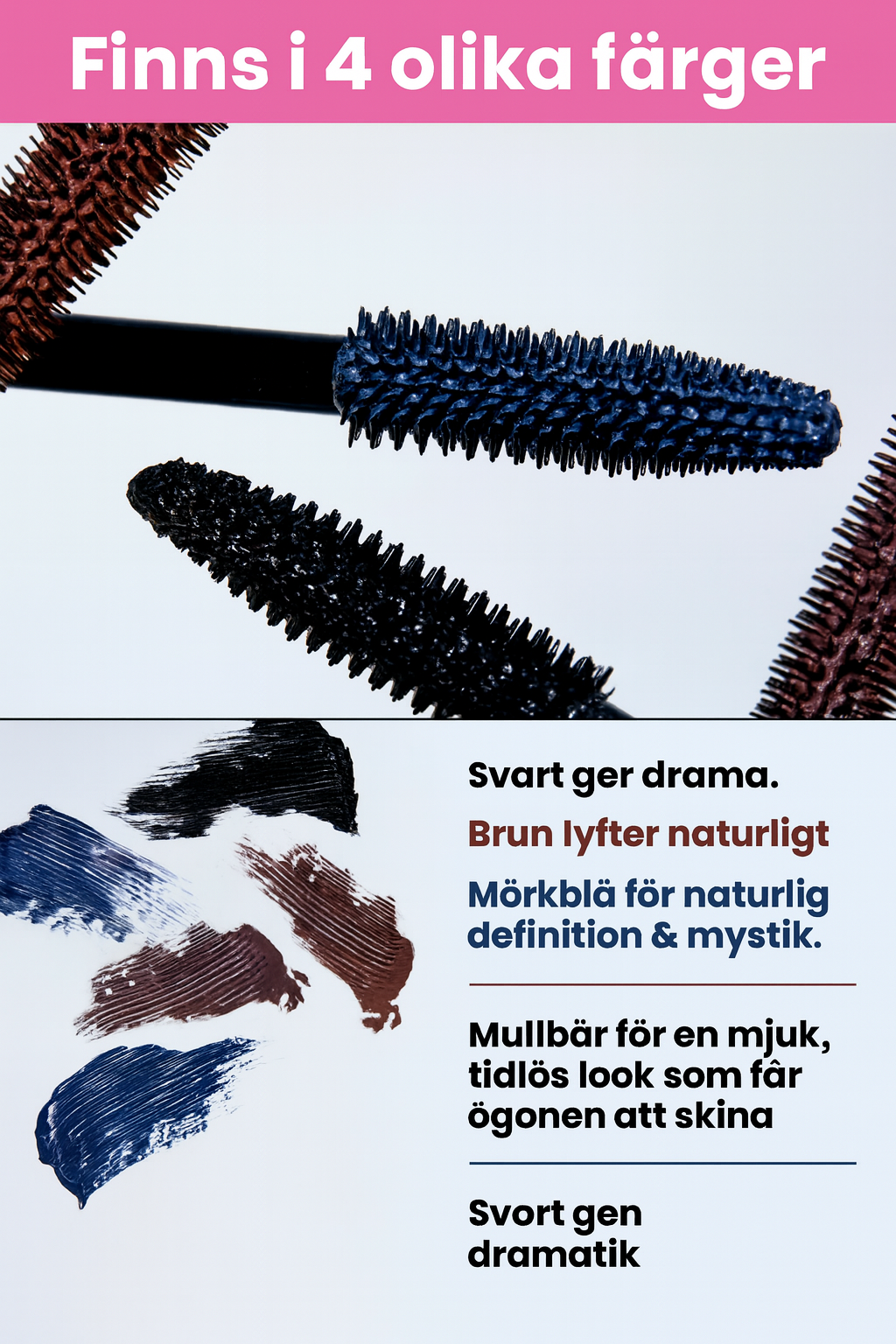 Product lineup: PrimeLash Mascara i färgerna svart, brun, blå och mulberry