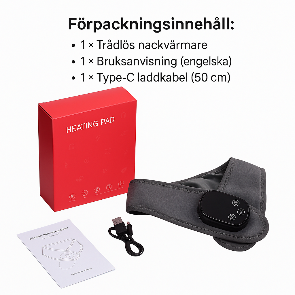 Förpackning med elektrisk nackvärmare, Type-C laddkabel och bruksanvisning