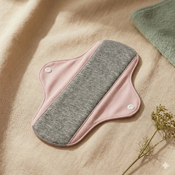 UraBind tvättbar inkontinensbinda i rosa och grått
