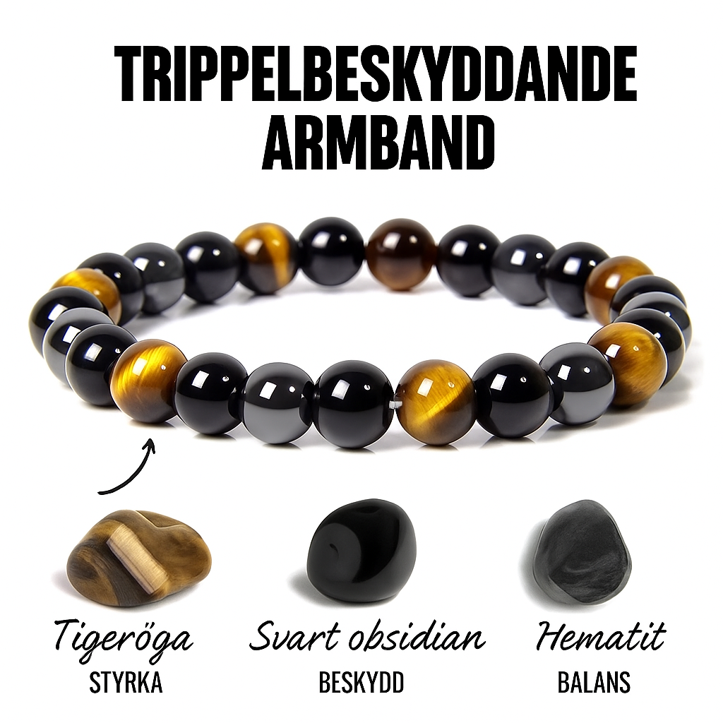 Trippelbeskyddande Armband – Tigeröga, Obsidian & Hematit