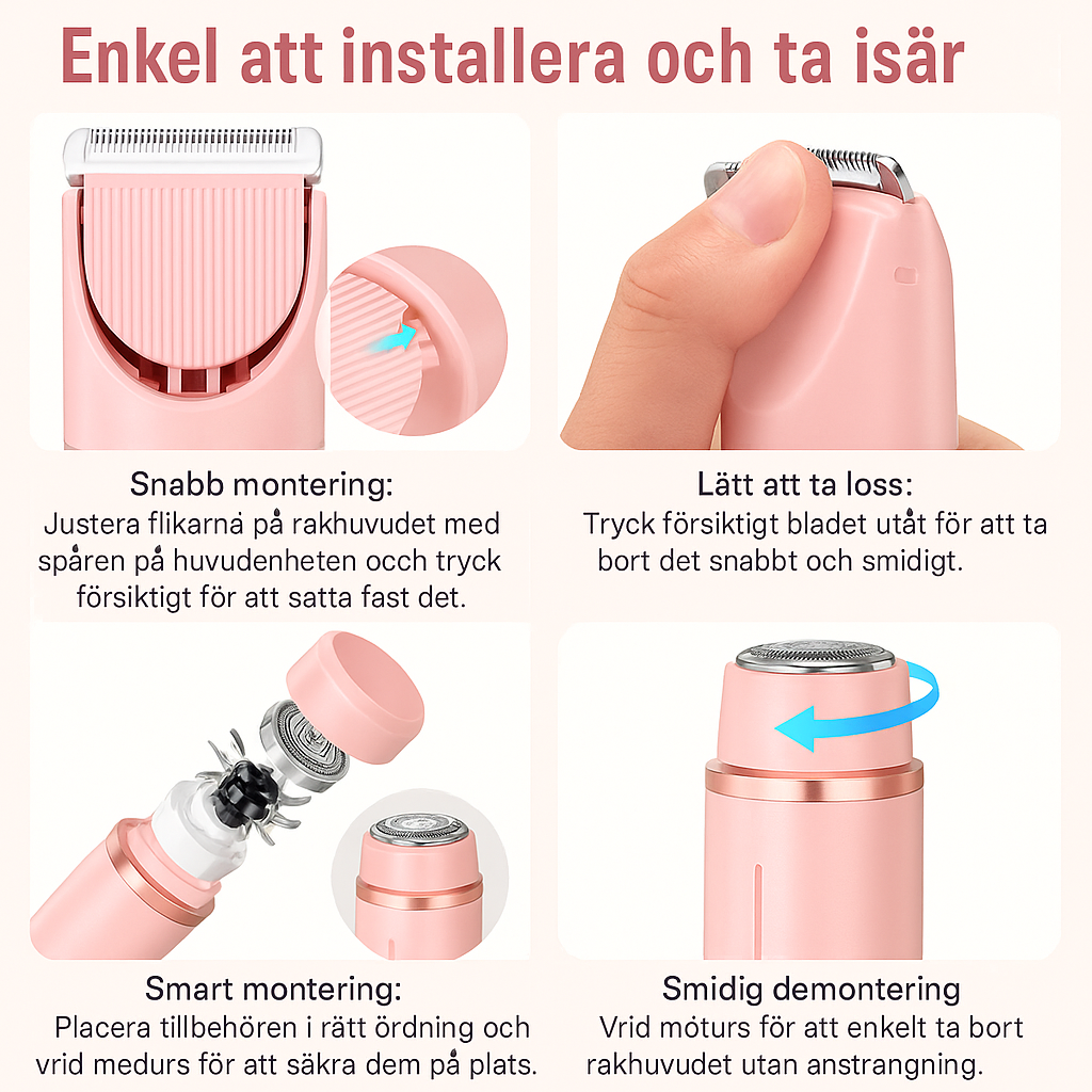 Vattentät IPX7 damrakapparat med hypoallergena R-blad för känslig hud