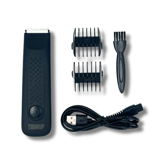 TrimUp 1.0 elektrisk hårtrimmer för män med justerbar kam, rengöringsborste, smörjolja och USB-laddkabel.