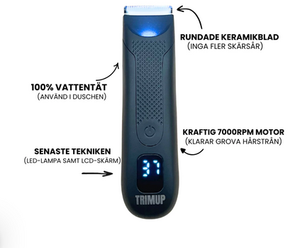 TrimUp 2.0 elektrisk hårtrimmer för män med rundade keramiska blad som förhindrar skärsår, kraftig 7000RPM motor för grova hårstrån, 100% vattentät design för användning i duschen samt LCD-display med LED-lampa.