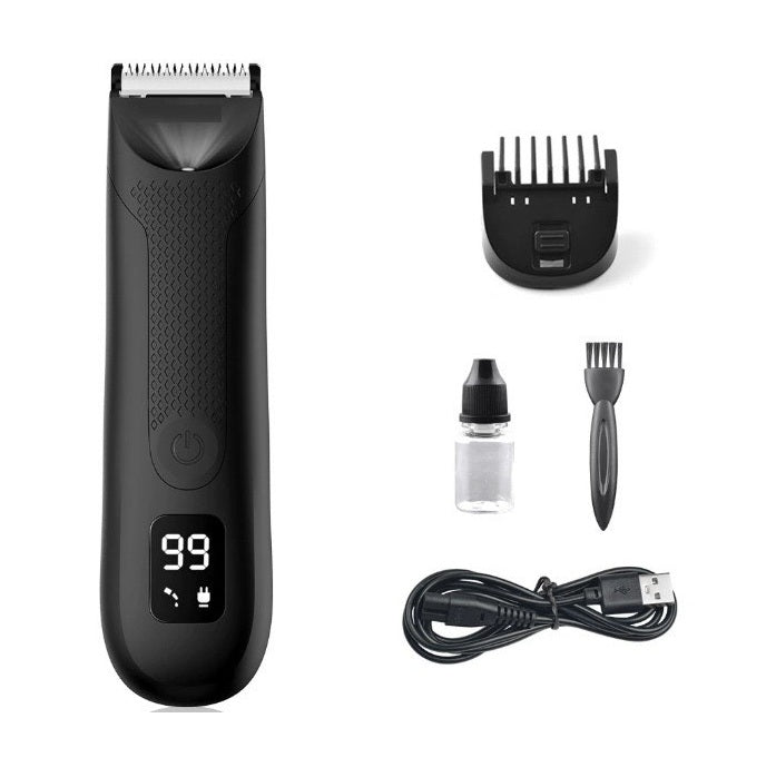 TrimUp 2.0 elektrisk hårtrimmer för män med LCD-display, justerbar kam, rengöringsborste, smörjolja och USB-laddkabel.