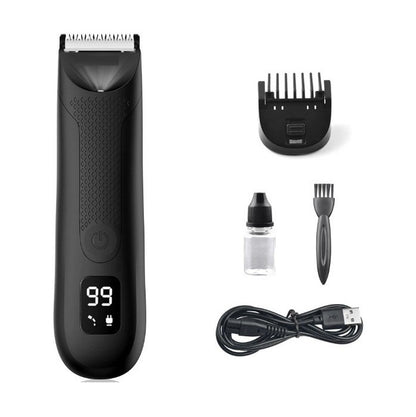 TrimUp 2.0 elektrisk hårtrimmer för män med LCD-display, justerbar kam, rengöringsborste, smörjolja och USB-laddkabel.
