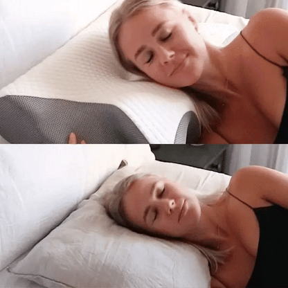 Kvinna sover med nacken stödd av kuddens högre kant