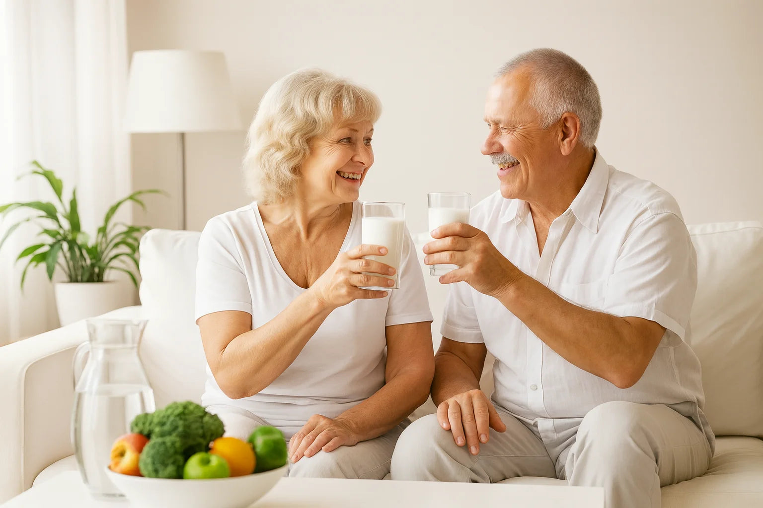Leende seniorer skålar med mjölk i ljust vardagsrum – välmående och hälsa – KVALIO