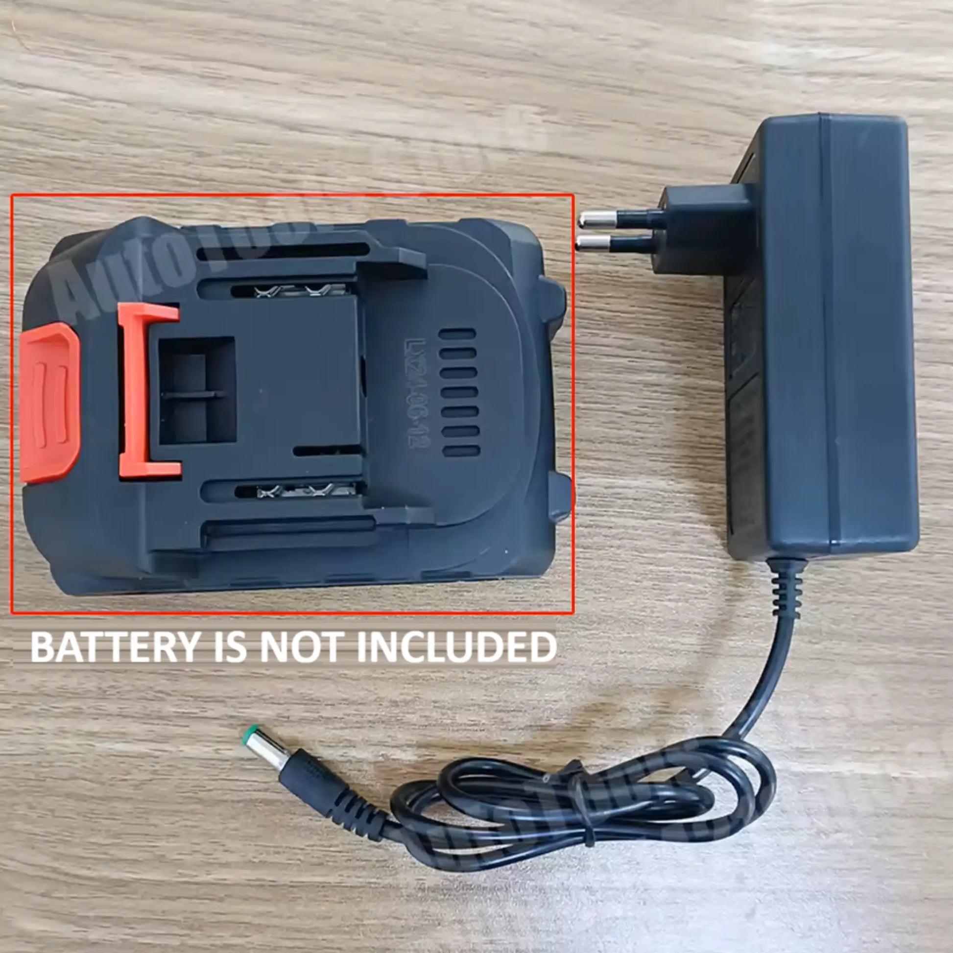 DC21V batteriladdare med EU-kontakt och adapter för Makita 18V/21V batterier, 5.5x2.1mm kontakt – batteri ingår ej