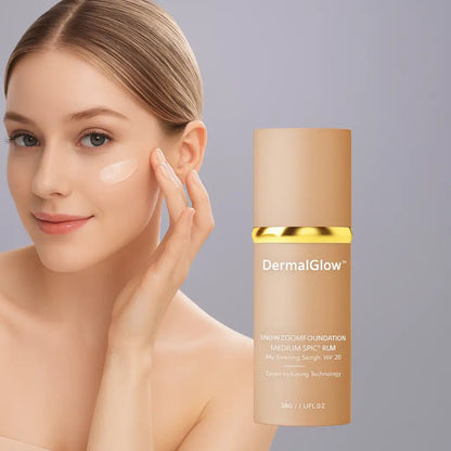 Kvinna applicerar DermalGlow tonat serum på kinden