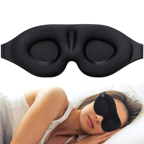 DreamShade 3D sovmask i svart memory foam och kvinna sover med DreamShade sovmask