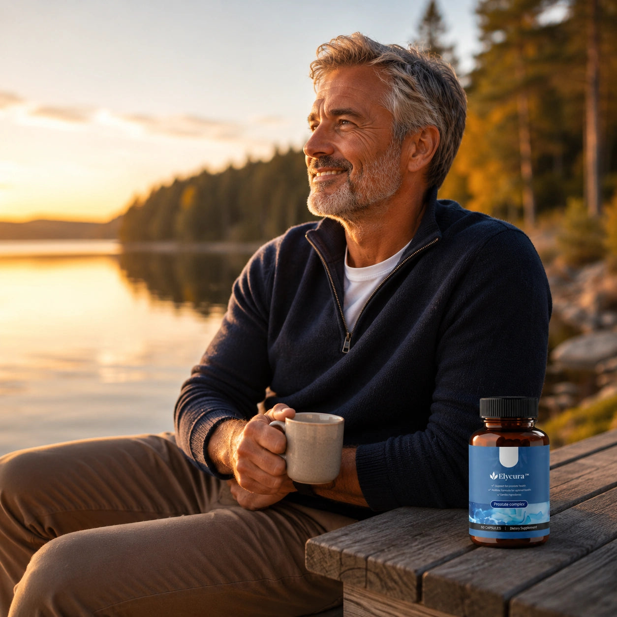 Man i 60-årsåldern sitter vid sjön i morgonljus