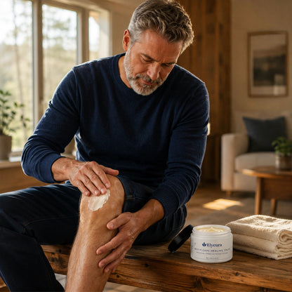 Man masserar in Elycura massagesalva i handen