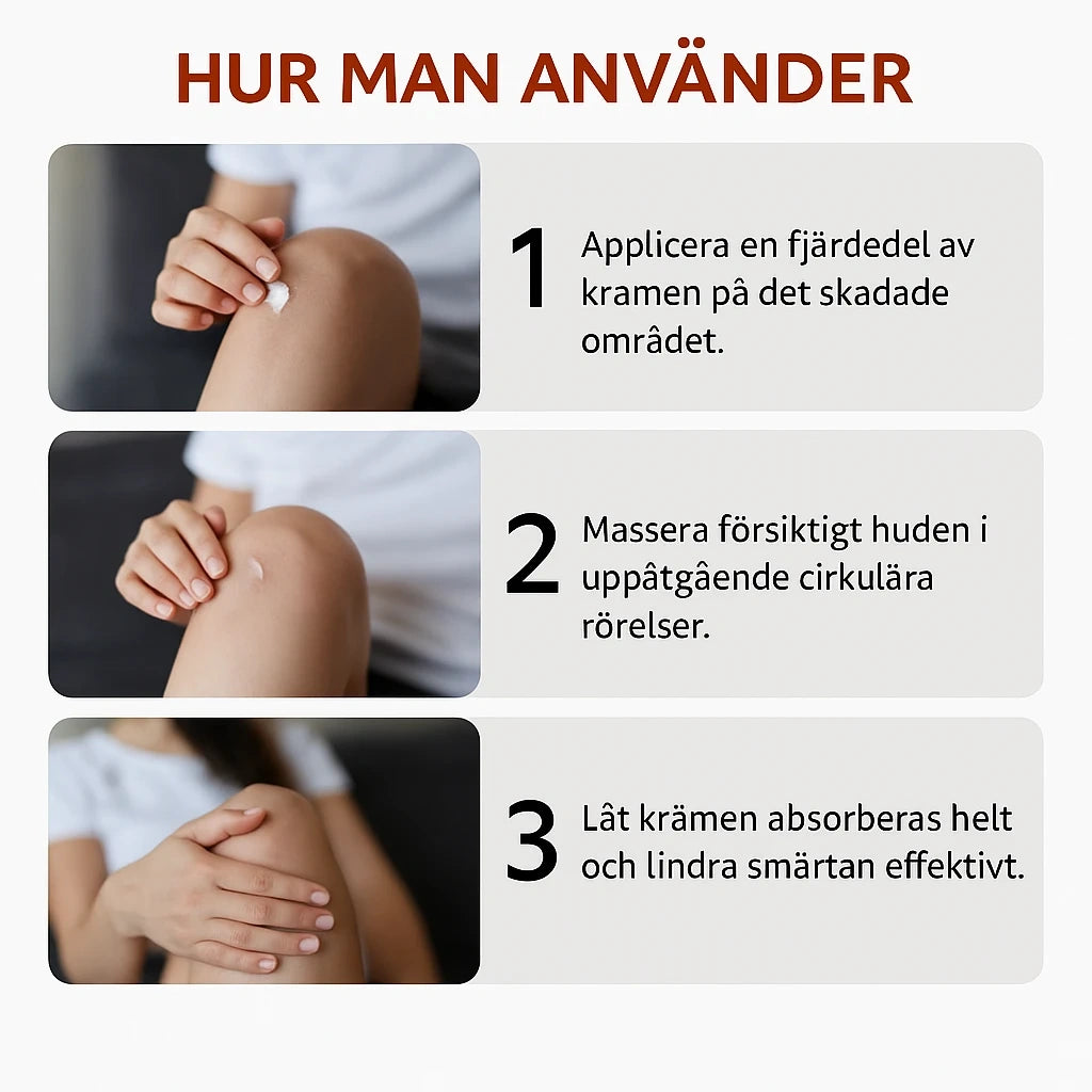 Instruktion i tre steg för hur krämen används
