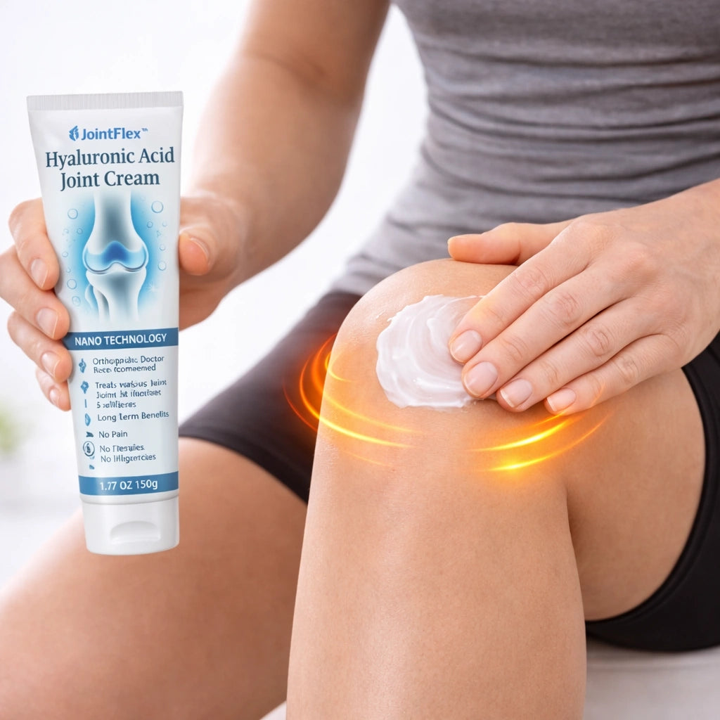 Kvinna applicerar JointFlex massagekräm på knäet