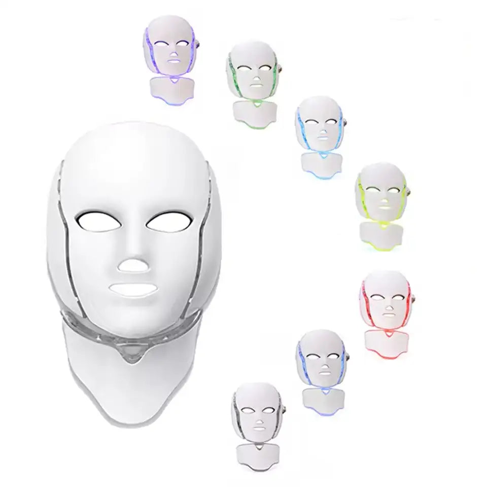 LED-maskens sju ljusfärger visade sida vid sida