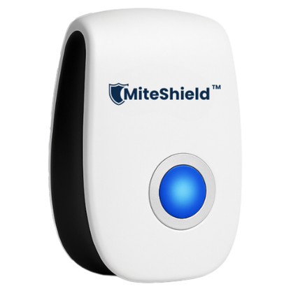 MiteShield ultraljudsenhet i vitt med blå indikatorlampa