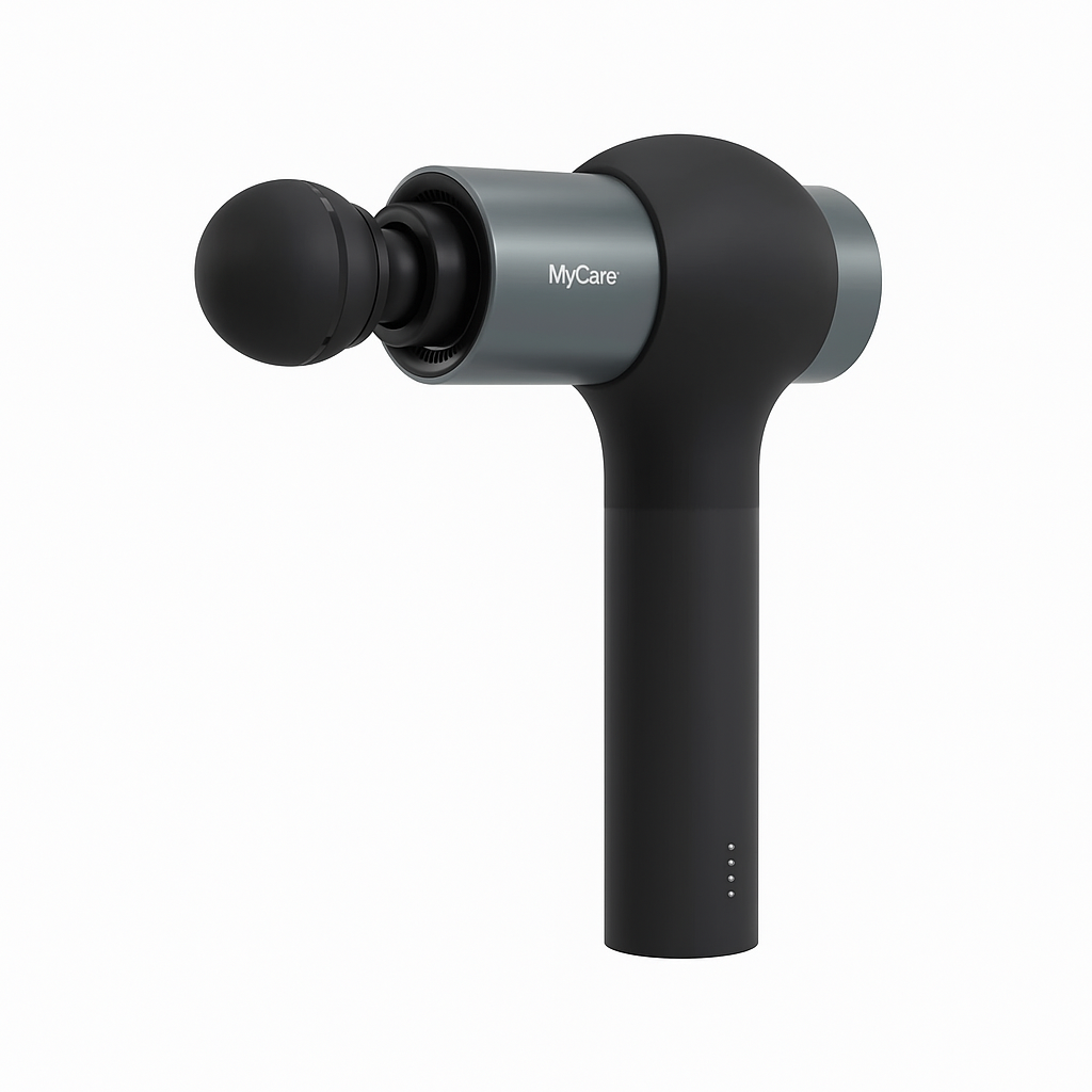 MyCare massagepistol i vitt med kontrollpanel