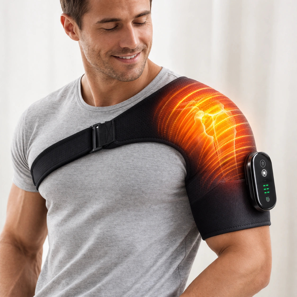 Man bär ShoulderRelief värmande stödband över axeln
