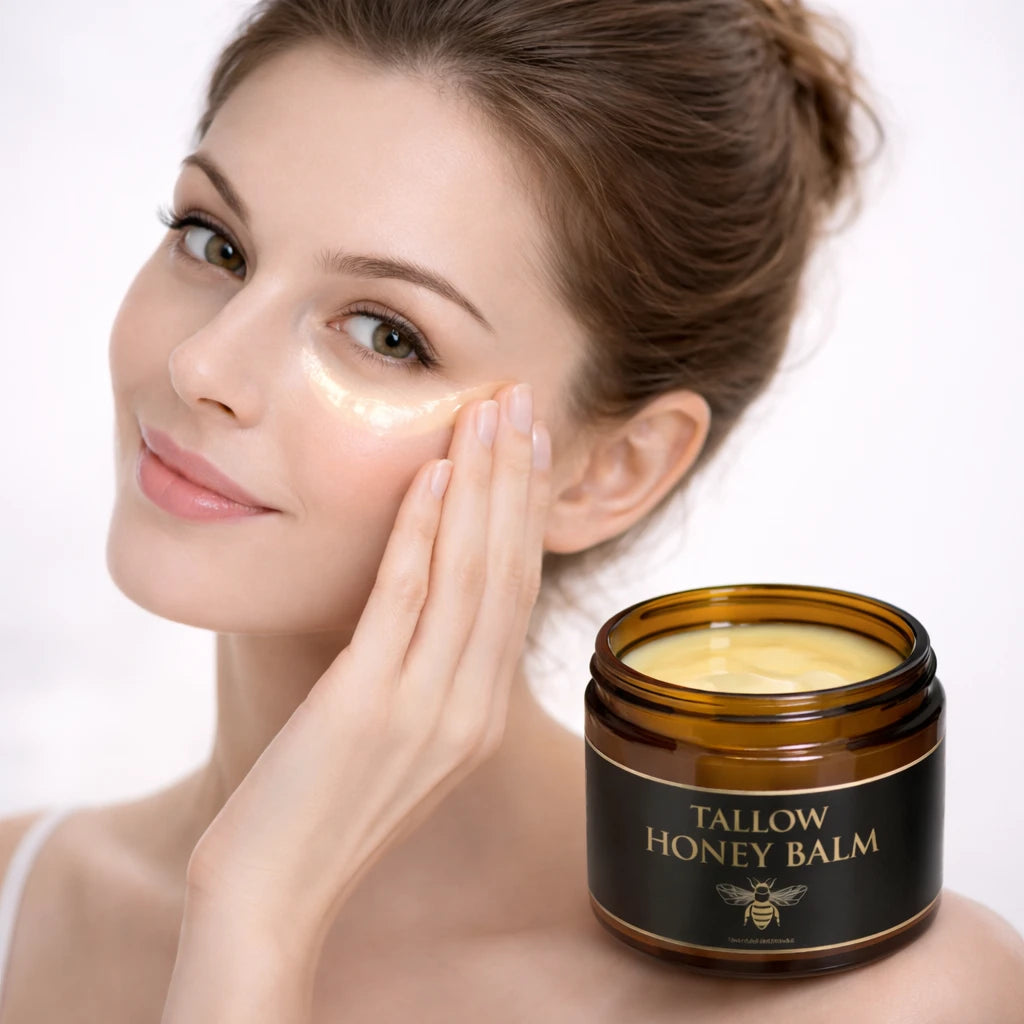 Kvinna applicerar SkinEase tallow honey balm på kinden