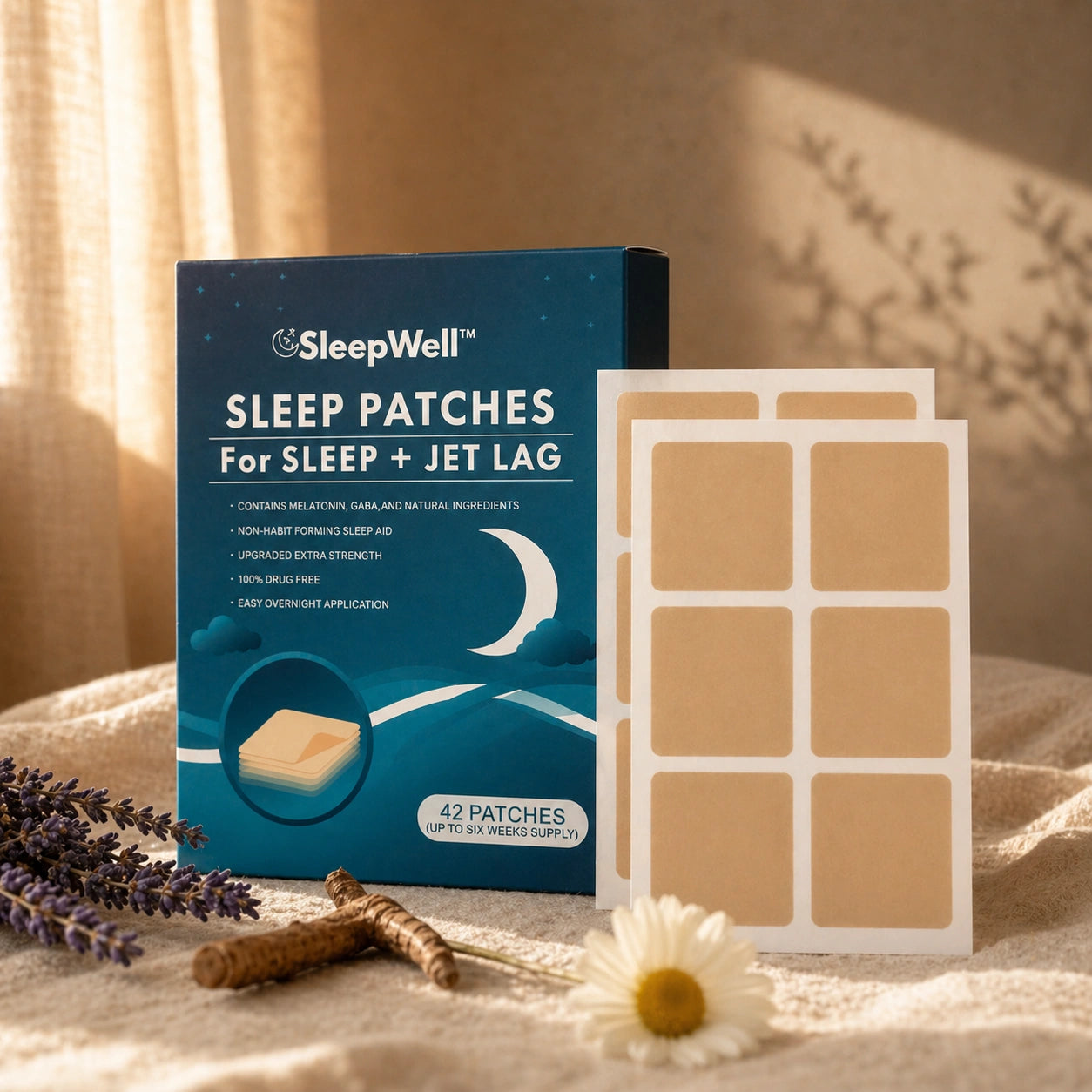 SleepWell sömnplåster med förpackning och lavendel