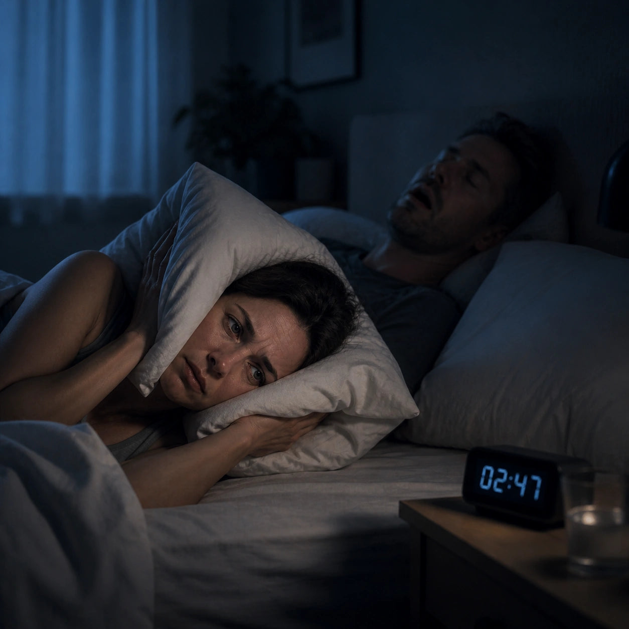 Par sover i mörkt sovrum med väckarklocka på nattduksbordet