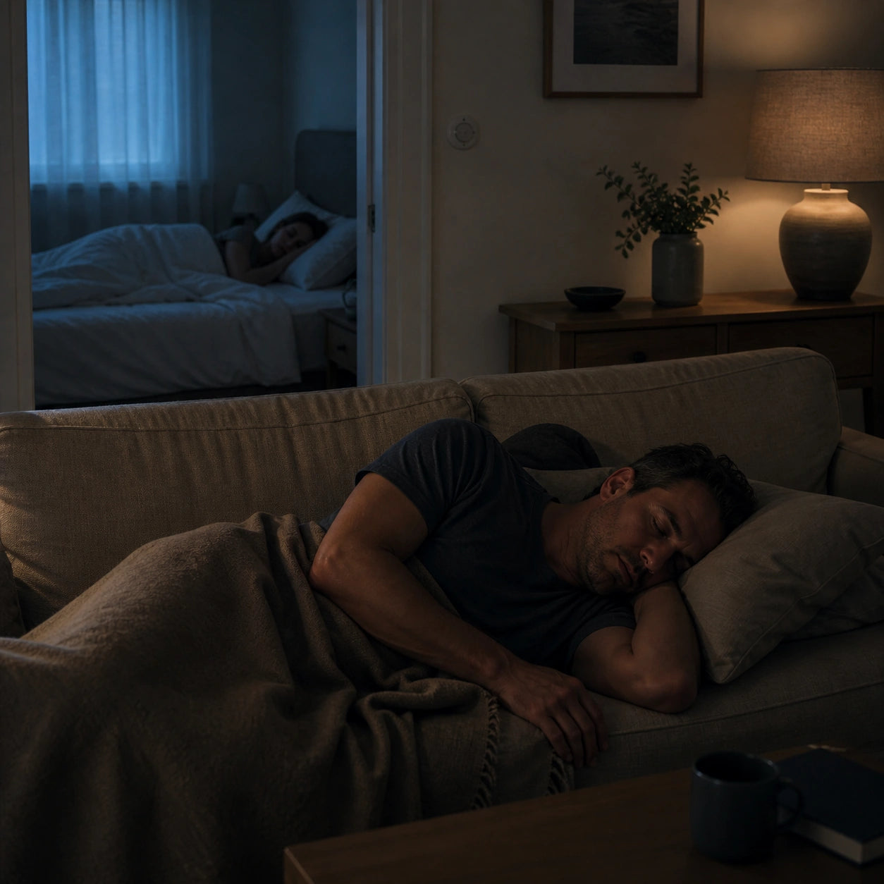 Kvinna sover på sidan i ett tyst sovrum